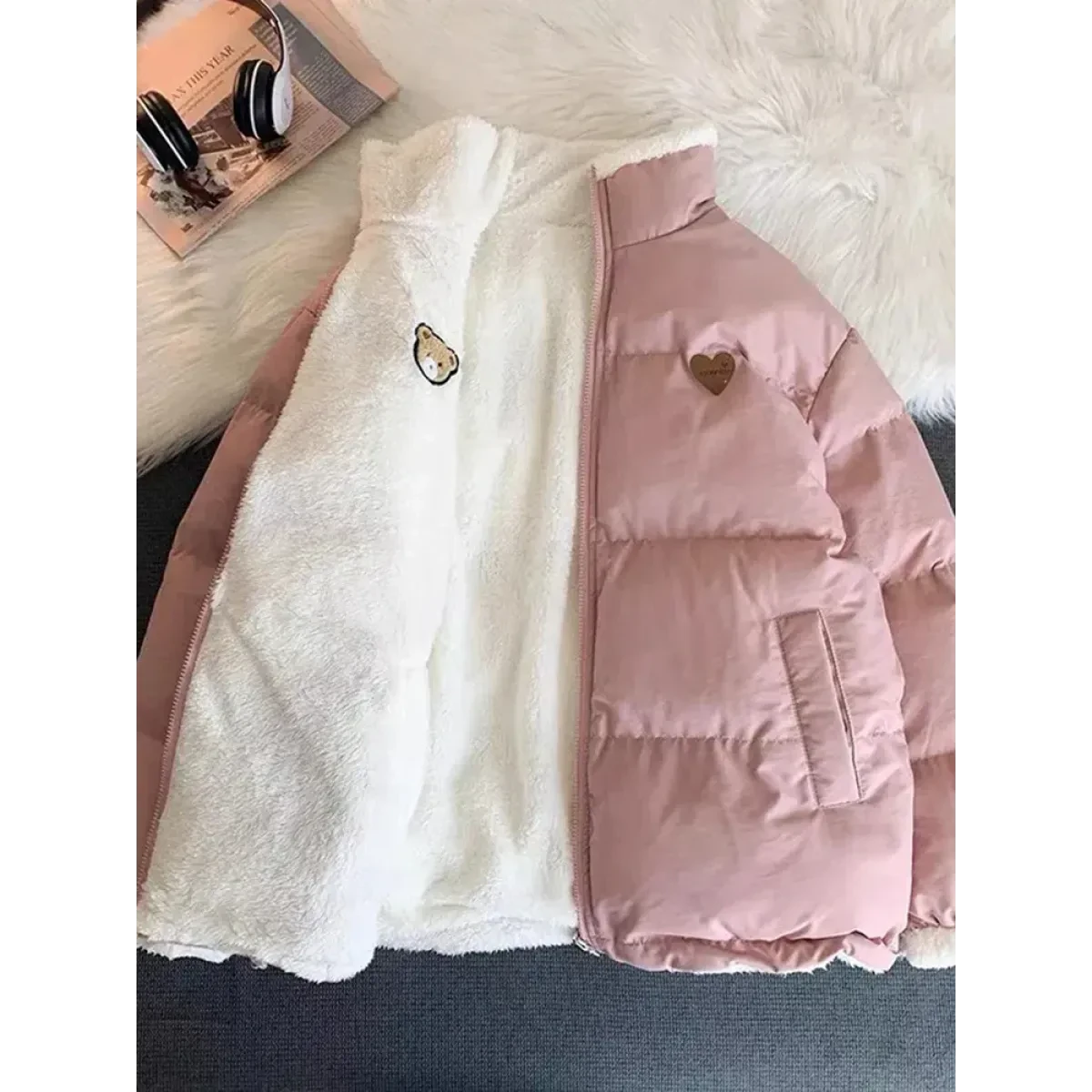 Kawaii Double Sided Love Bear Winter Puffer Jacket - Image 6