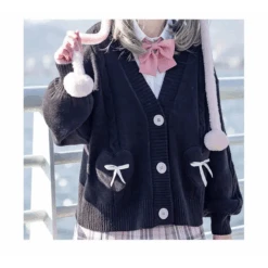 Kawaii Knitted Cardigan – Women's Heart Pocket Bow Sweater