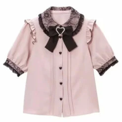 Kawaii Lolita Lace Blouse – Y2K Grunge Bow Shirt With Heart Buttons