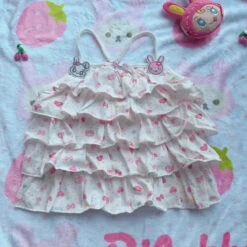 White Kawaii Ruffle Camisole – Bunny Embroidery & Bow Print