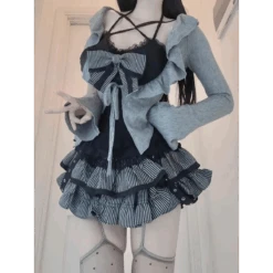 Ruffle Cardigan & Striped Skirt Set – Kawaii Y2K Lolita Chic
