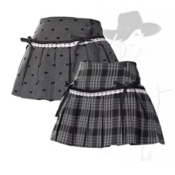 Kawaii Y2K Pleated Mini Skirt – Japanese Bow Lace Plaid Chic