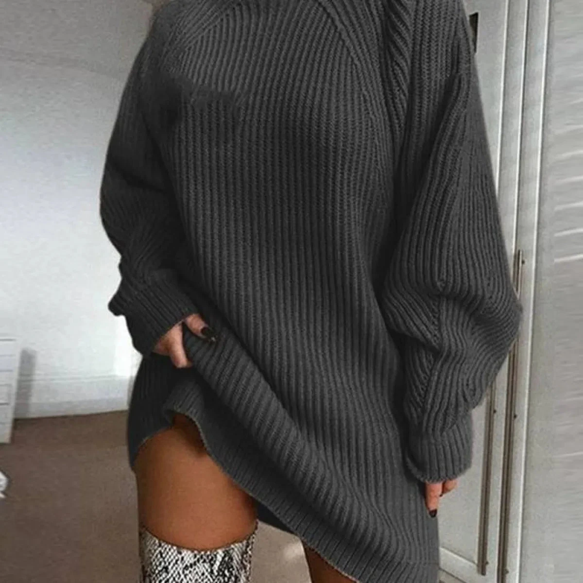 V Neck Ruffle Knitted Sweater Dress - Image 8