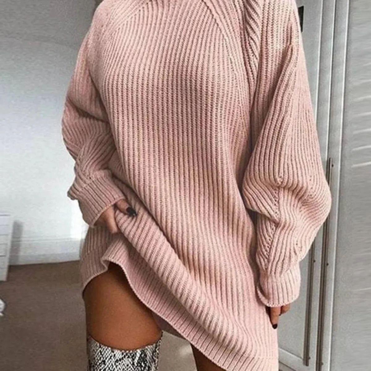 V Neck Ruffle Knitted Sweater Dress - Image 9