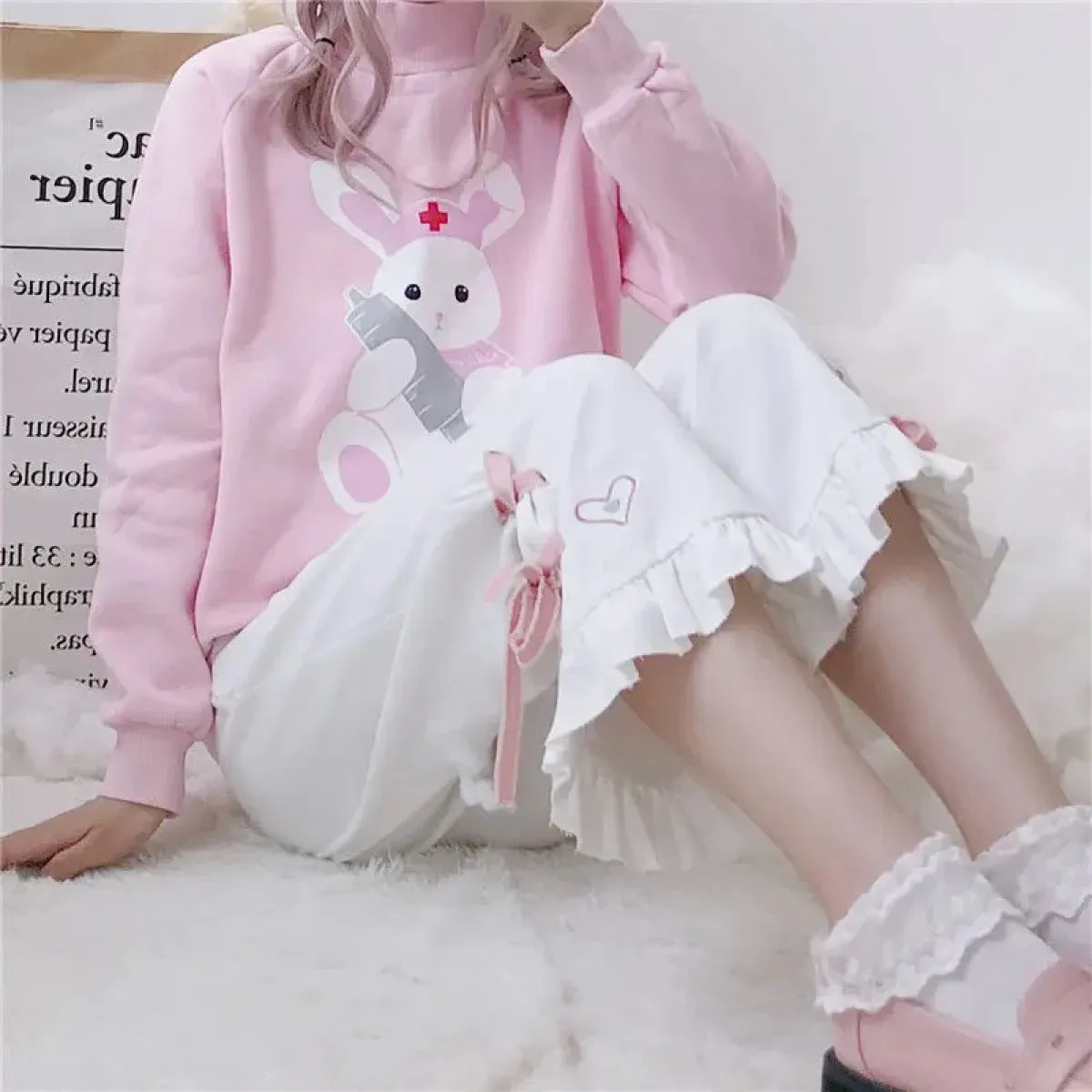 Korean Black Bunny Print Wide Leg Pants - Image 10