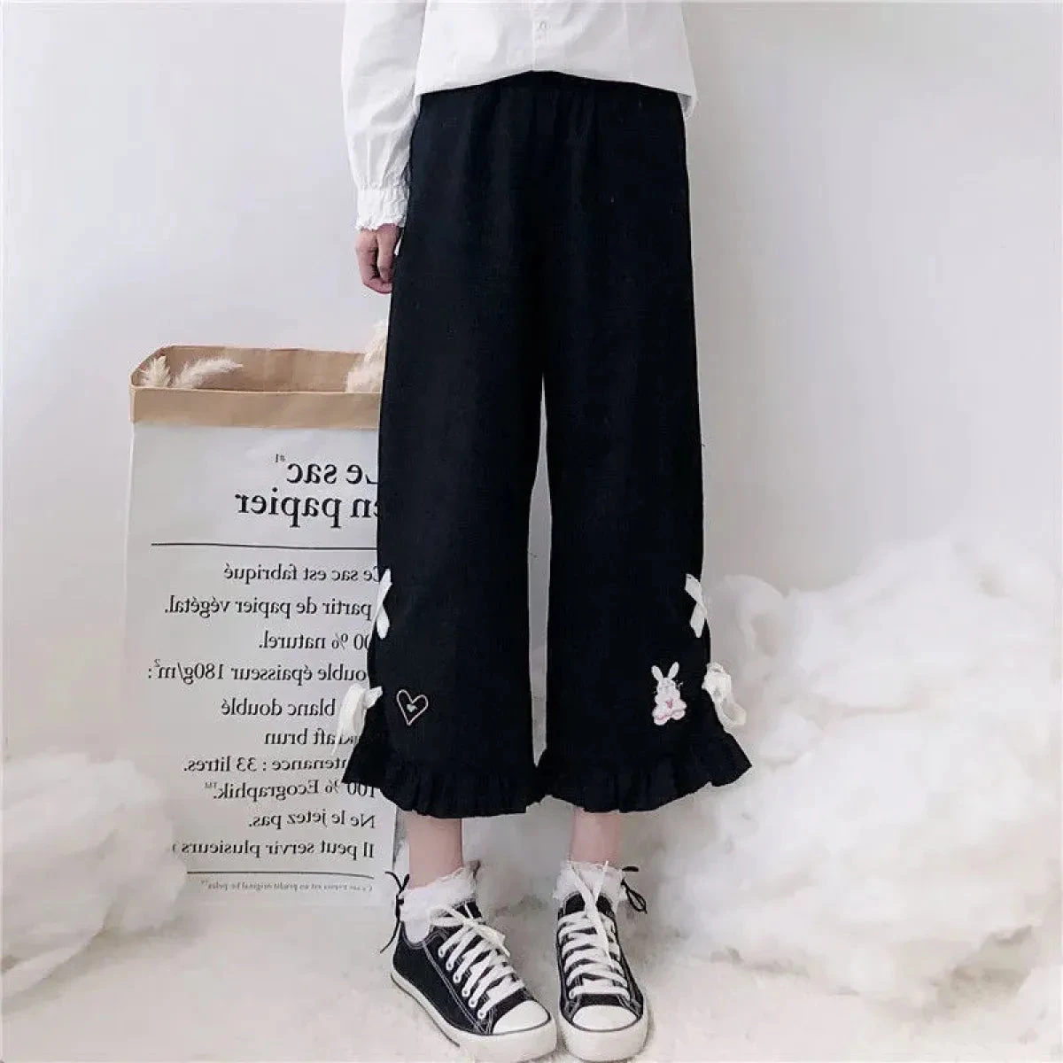 Korean Black Bunny Print Wide Leg Pants - Image 2