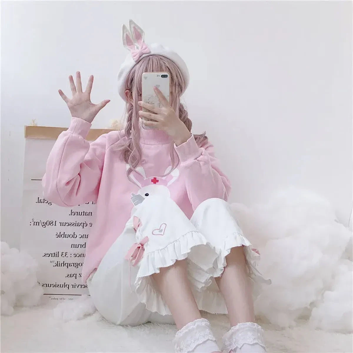 Korean Black Bunny Print Wide Leg Pants - Image 6