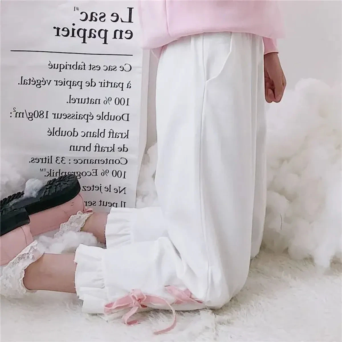 Korean Black Bunny Print Wide Leg Pants - Image 9