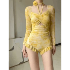 3D Floral Ruffle One-Piece – Korean Long Sleeve Beach Bodysuit
