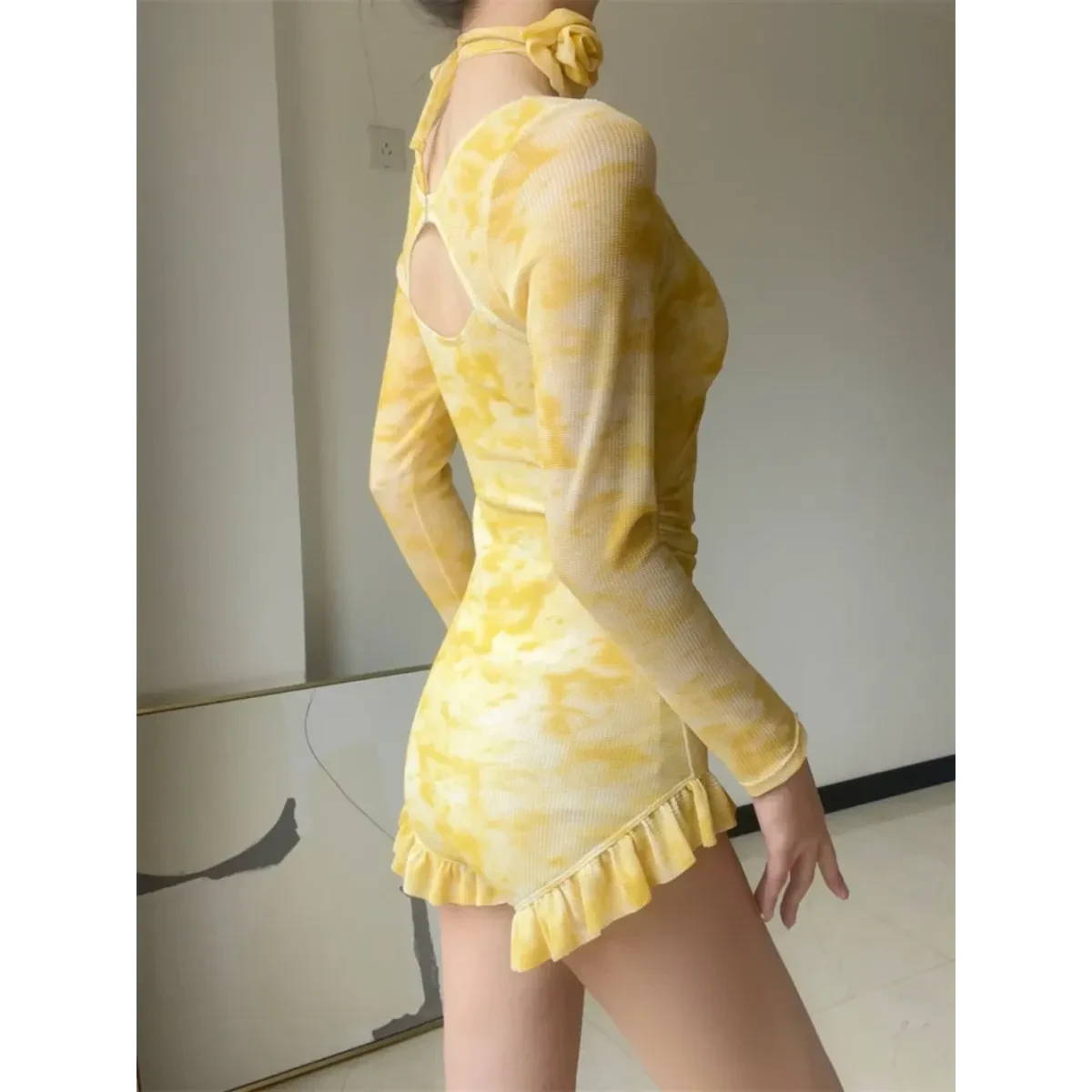 3D Floral Ruffle One-Piece – Korean Long Sleeve Beach Bodysuit - Image 6