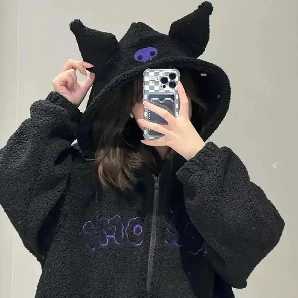 Kuromi Black Hooded Fleece Jacket