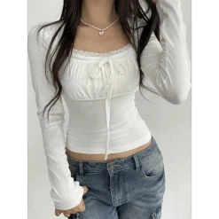 Lace Trim Long Sleeve Top - Ruched Tie-Up T-Shirt