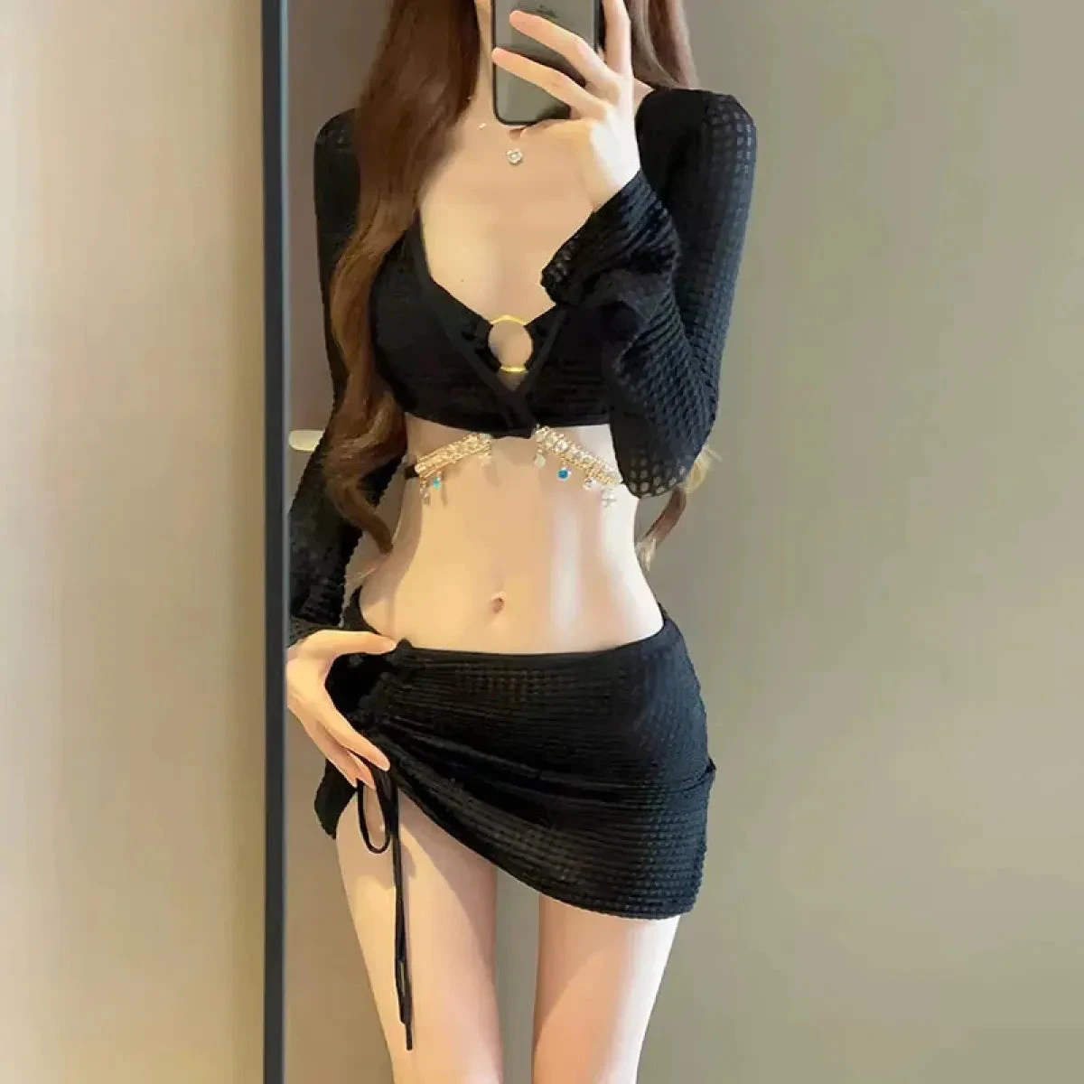 Mermaid 4PC Bikini Set – Drawstring Skirt & Diamond Chain Trim - Image 4