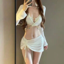 Mermaid 4PC Bikini Set – Drawstring Skirt & Diamond Chain Trim