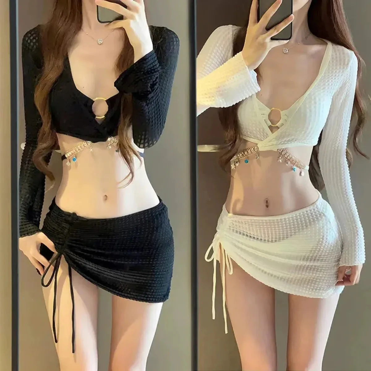 Mermaid 4PC Bikini Set – Drawstring Skirt & Diamond Chain Trim - Image 2