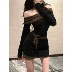 Black Off-Shoulder Mini Dress – Leopard Trim & Belt Detail