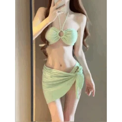 Mint Ribbed Halter Bikini Set – Ring Tie 3-Piece Swimsuit With Skirt