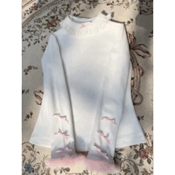 White Lace Trim Top – Pink Bow & Fuzzy Cuff Harajuku Blouse