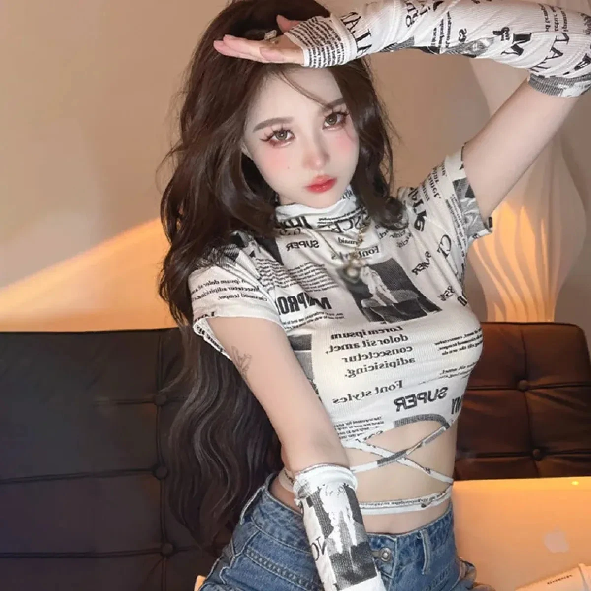Newspaper Print Slim Crop Top - Image 3
