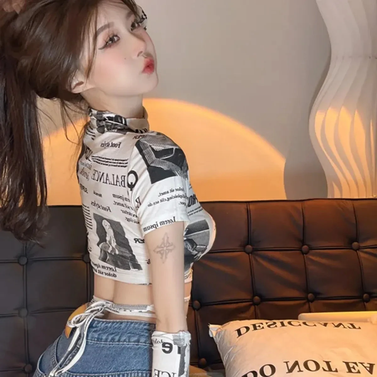 Newspaper Print Slim Crop Top - Image 5