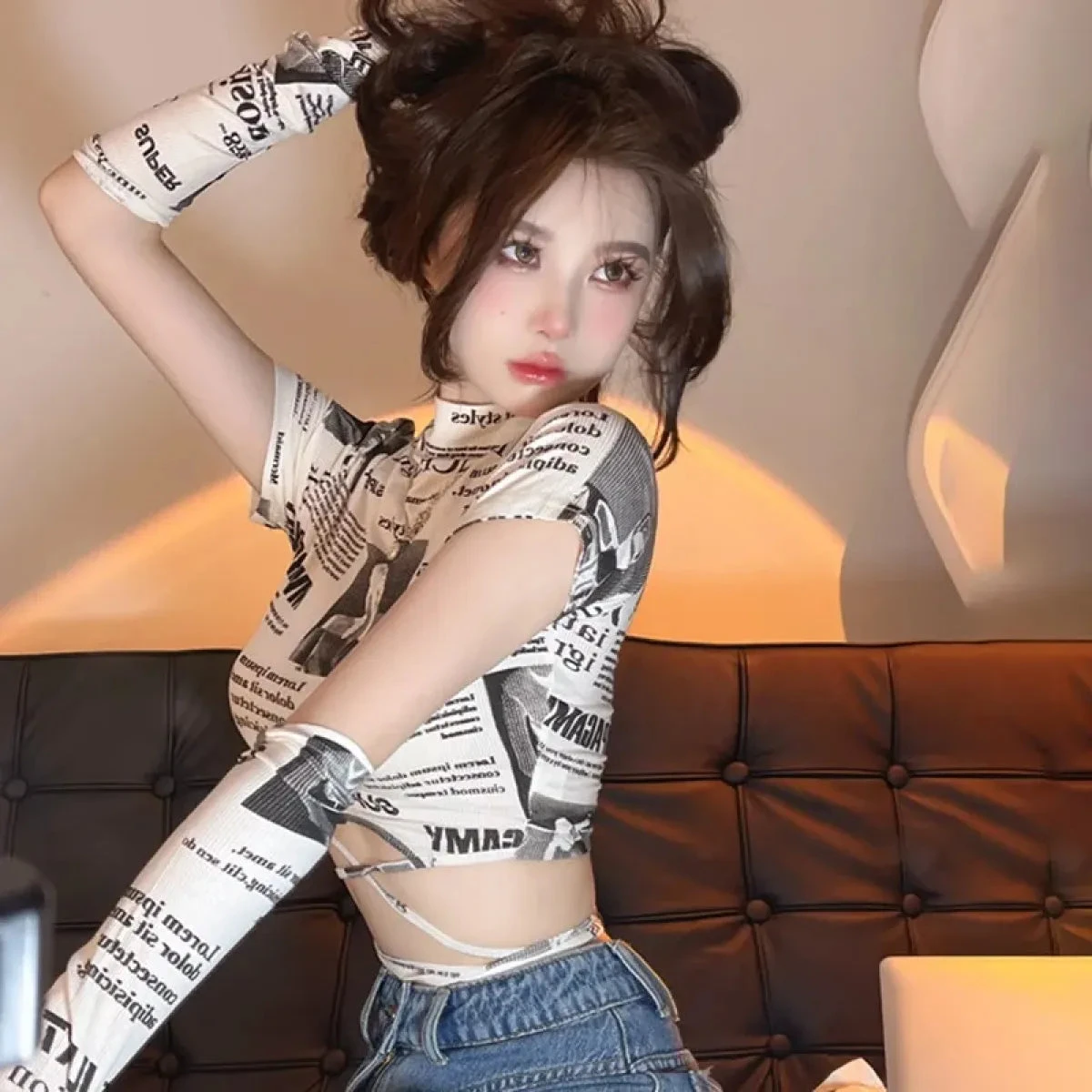 Newspaper Print Slim Crop Top - Image 6