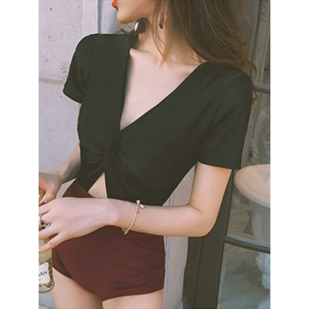 One-Piece Swimsuit – V-Neck Twist Front Cutout Design - Image 3