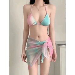 Pastel Gradient Halter Bikini Set – 3PC Korean Swimsuit With Mesh Skirt