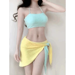 Patchwork Halter Bikini – Korean 3PCS Swimsuit With Skirt