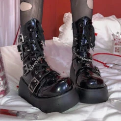 Metal Chain Patent Leather Ankle Boots - Chunky Platform Gothic Boots