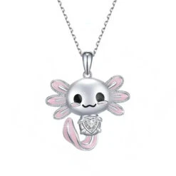 Cute Pink Axolotl Necklace - Enamel Pendant With Crystal Charm