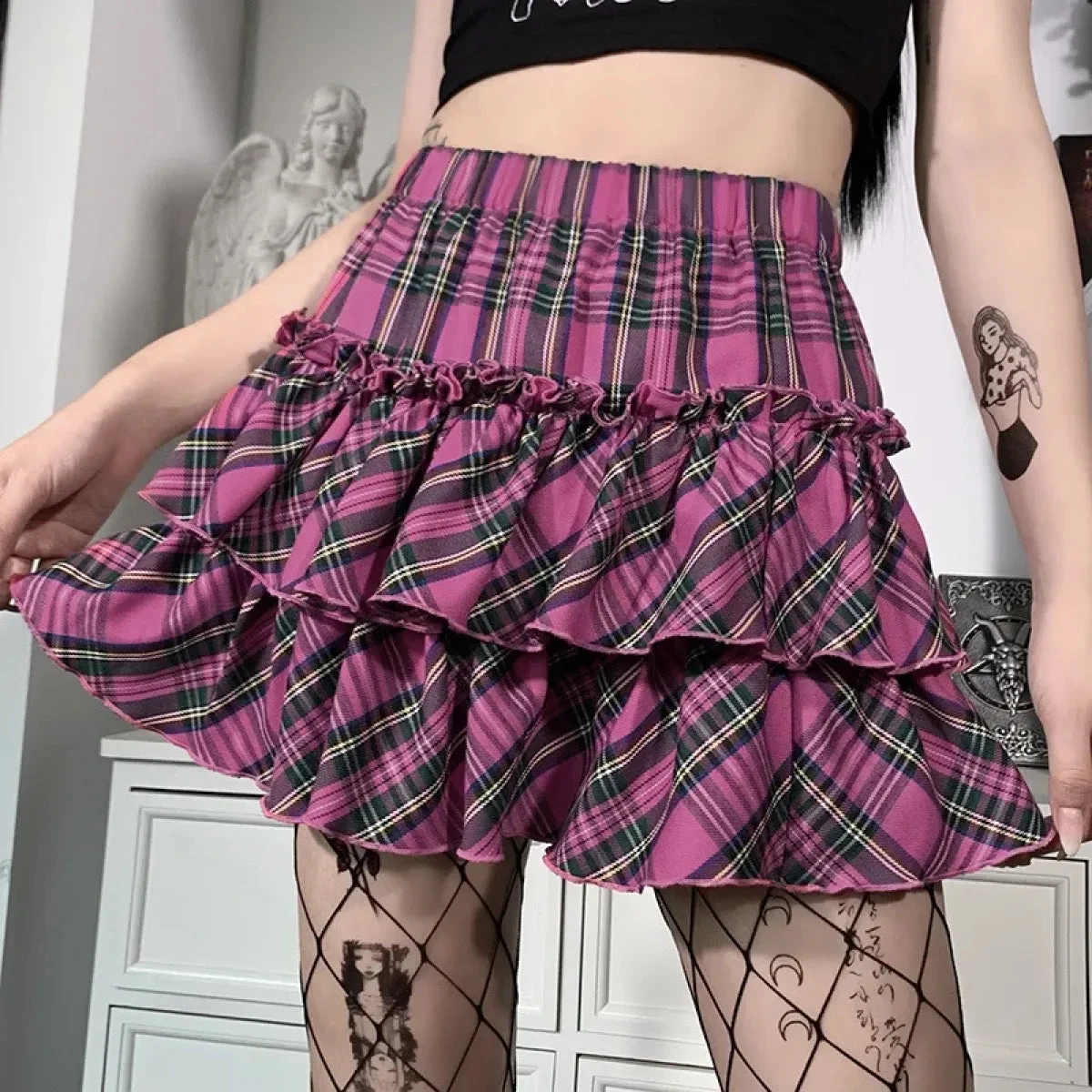 Japanese College Style Pink Plaid Skirt - High Waist Slim Goth - Image 3