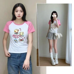 Cat Print T-Shirt – Pink White Patchwork Slim Fit Short Sleeve Tee
