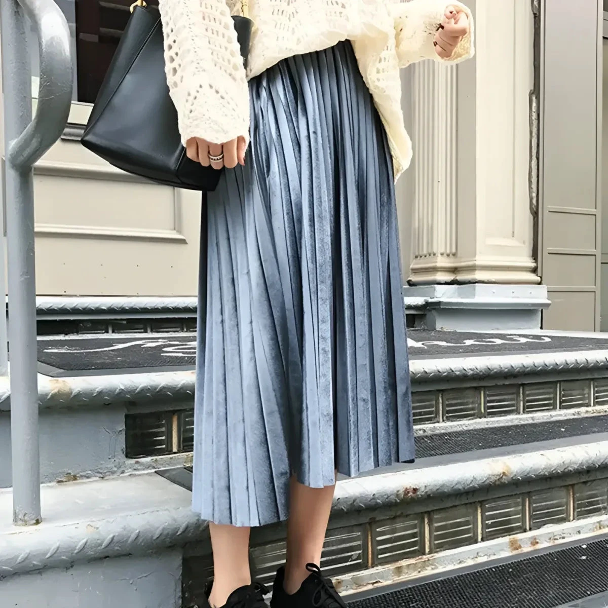 Elastic Waist Pleated Velvet Skirt - Image 10