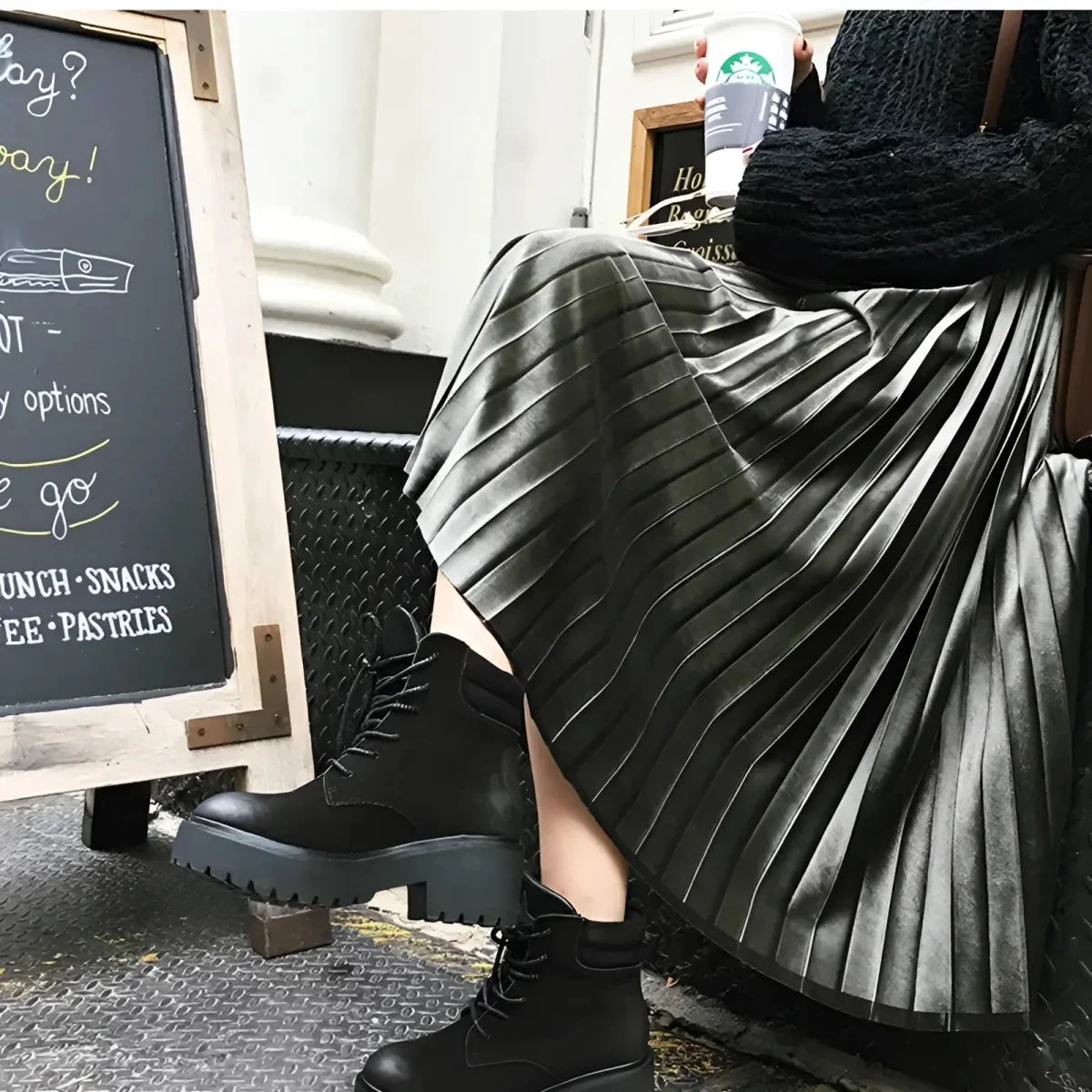 Elastic Waist Pleated Velvet Skirt - Image 6