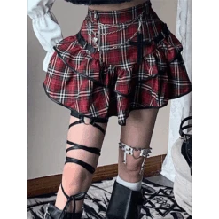 Red Plaid High Waist Skirt