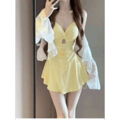 Ruched Knot Swimsuit Set – Korean Mini Dress With Sheer Cover-Up
