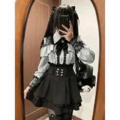 Y2K Off Shoulder Shirt And Ruched Lace Skirt Set