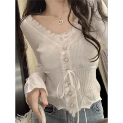 Ruffle Knit Cardigan – Harajuku Lace Trim Slim Fit Sweater