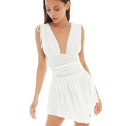 White Pleated Deep V-Neck Mini Dress
