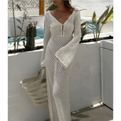 Sexy Women Long Knit Beach Dress Hollow-Out Deep V-Neck Long Sleeve Bikini Cover-Ups Dress Fall Backless Holiday Dress