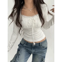 Slim Lace Long Sleeve Top – Kawaii Square Collar Women's T-Shirt