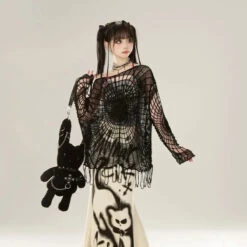 Spider Web Knit Sweater – Y2K Off Shoulder Grunge Pullover