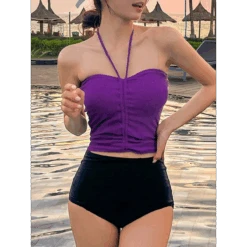 Strapless Bikini Set – High Waisted Black Contrast Lace Up Swimsuit