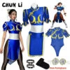 Chun Li Cosplay Costume – Street Fighter Blue Cheongsam Set With Headdress