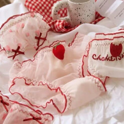 Sweet Strawberry Sheer Mesh Panties – Ruffle Lace Mid-Waist Briefs