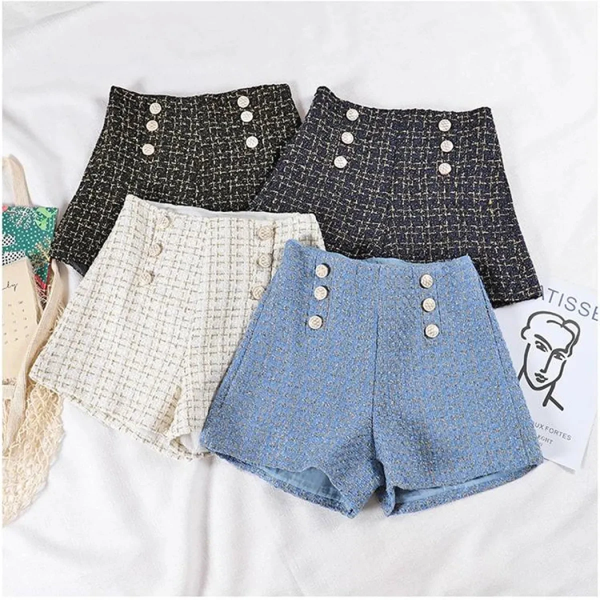 Button Decorated Tweed Shorts For Women