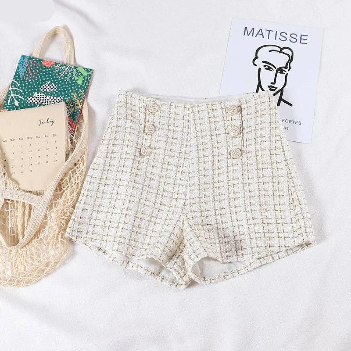 Button Decorated Tweed Shorts For Women - Image 3