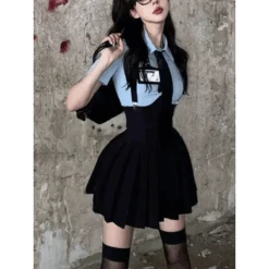 Preppy Style Two-Piece School Uniform Set - Corset Shirt And Pleated Skirt