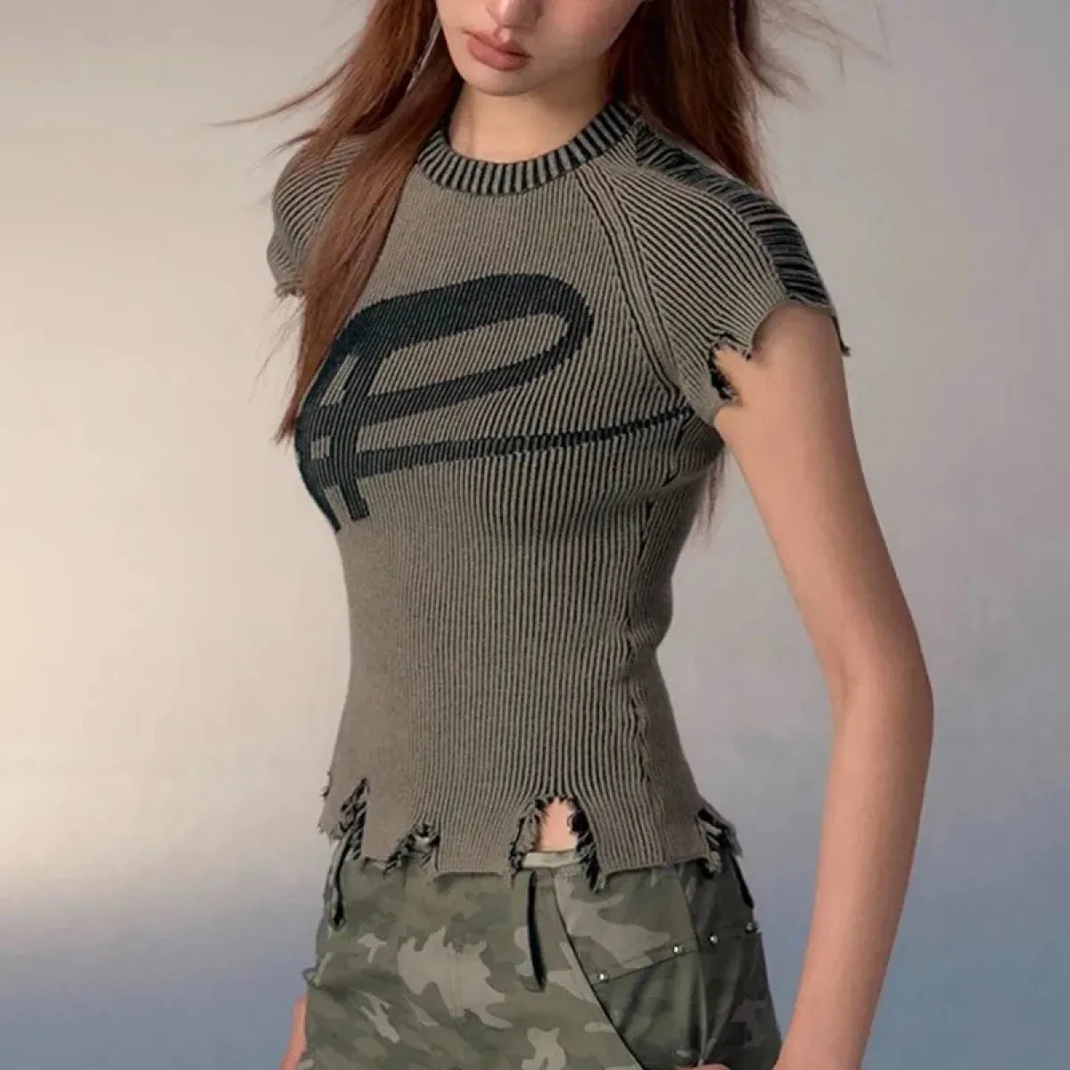 Vintage Distressed Knitted Top - Grunge Aesthetics Crop Tee - Image 4