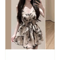 Butterfly Print One Piece Swimsuit – Vintage Ruffle Mini Dress Style